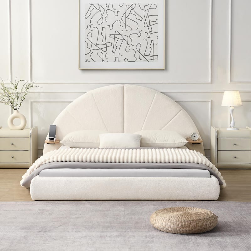 Unique Arched Bouclé Bed with Attached Small Table