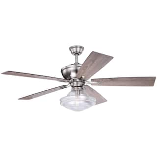 Huntley 52 in. Satin Nickel Ceiling Fan with Reversible Driftwood-Dark Maple Blades, LED Light Kit and Remote, Schoolhouse Shade