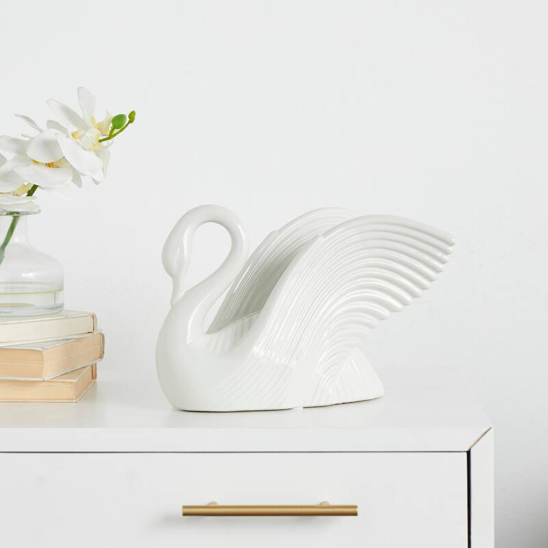Silver or White Ceramic Swan Sculpture with Textured Grooves