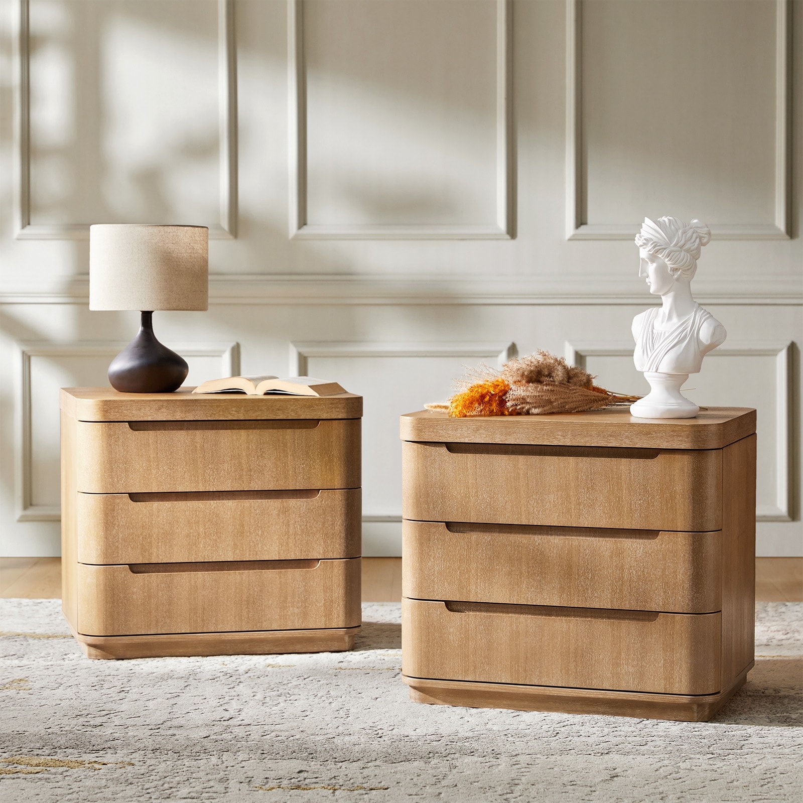 HULALA HOME Silvino Modern 3-Drawer Nightstand with with Hidden Storage and Built-in Power Outlet Set of 2
