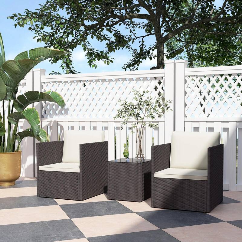Folding Wicker Bistro 3-Piece Outdoor Set with Cushions and Glass Top - Brown