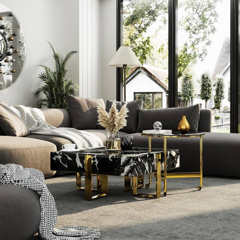 Modern Luxury Square Faux Marble Coffee Table Set Nesting Coffee Table with End Table - Black and Gold