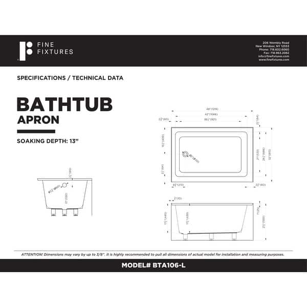 dimension image slide 9 of 11, Fine Fixtures Acrylic-Fiberglass Soaking Bathtub, White. Alcove/Apron Front