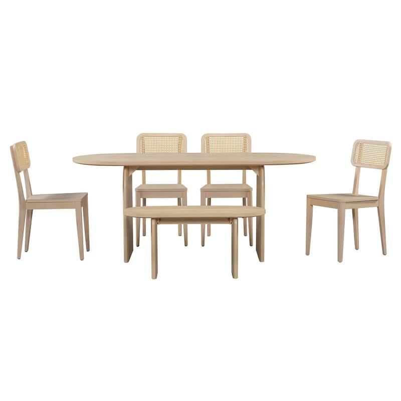 6 Piece Dining Table Set with Bench,Oval Kitchen Table Chairs Set for 6, Modern Style Dining Room Set