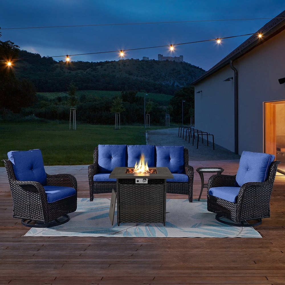 Gymojoy Outdoor Wicker 3-Seat Sofa with Fire Pit Table Swivel Chiar Table