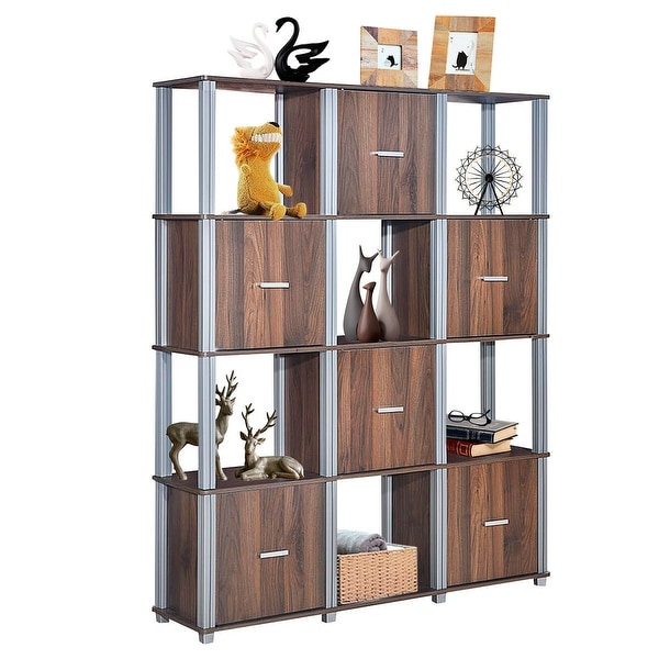 Costway 4-Tier Storage Shelf 12 Cube Organizer Unit Display Bookcase Walnut W/6 Doors