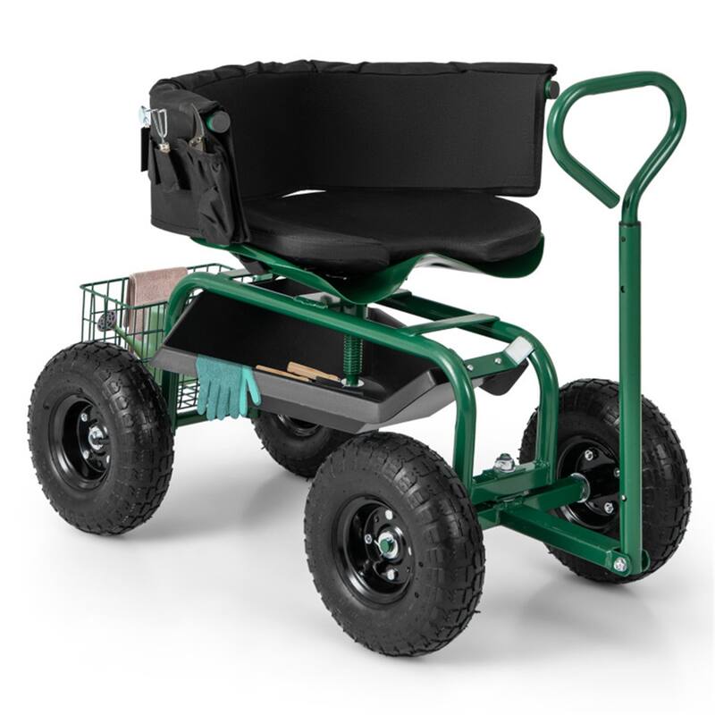 Adjustable Rolling Garden Cart with 360-Degree Swivel Seat Heavy-Duty Metal Frame Storage Basket - 35.5" x 24" x 23.5"-27"