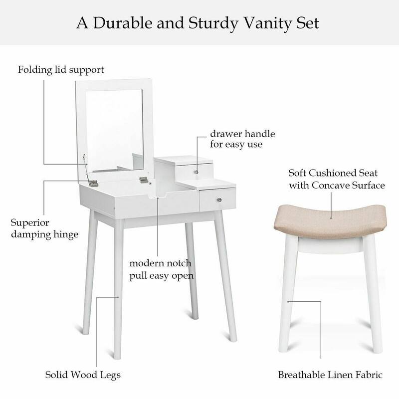 Vanity Dressing Table Set Flip Mirror Desk Furniture Stool - 23.5" x 19.5" x 30" ( L x W x H )