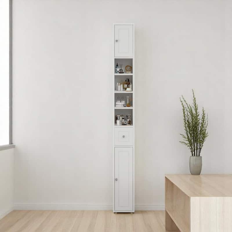 White Tall Narrow Bathroom Cabinet 71" H, Freestanding Storage Organizer with 1 Drawer and Adjustable Shelves - White