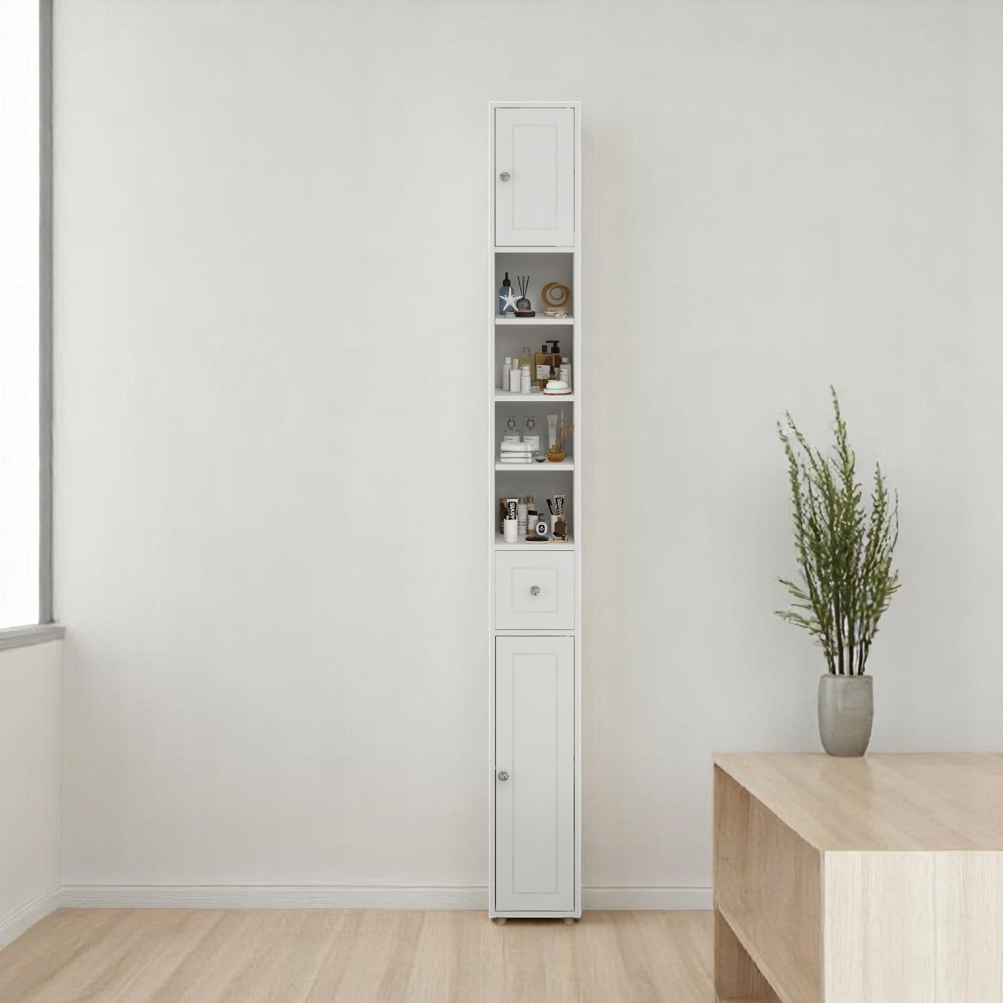 White Tall Narrow Bathroom Cabinet 71" H, Freestanding Storage Organizer with 1 Drawer and Adjustable Shelves