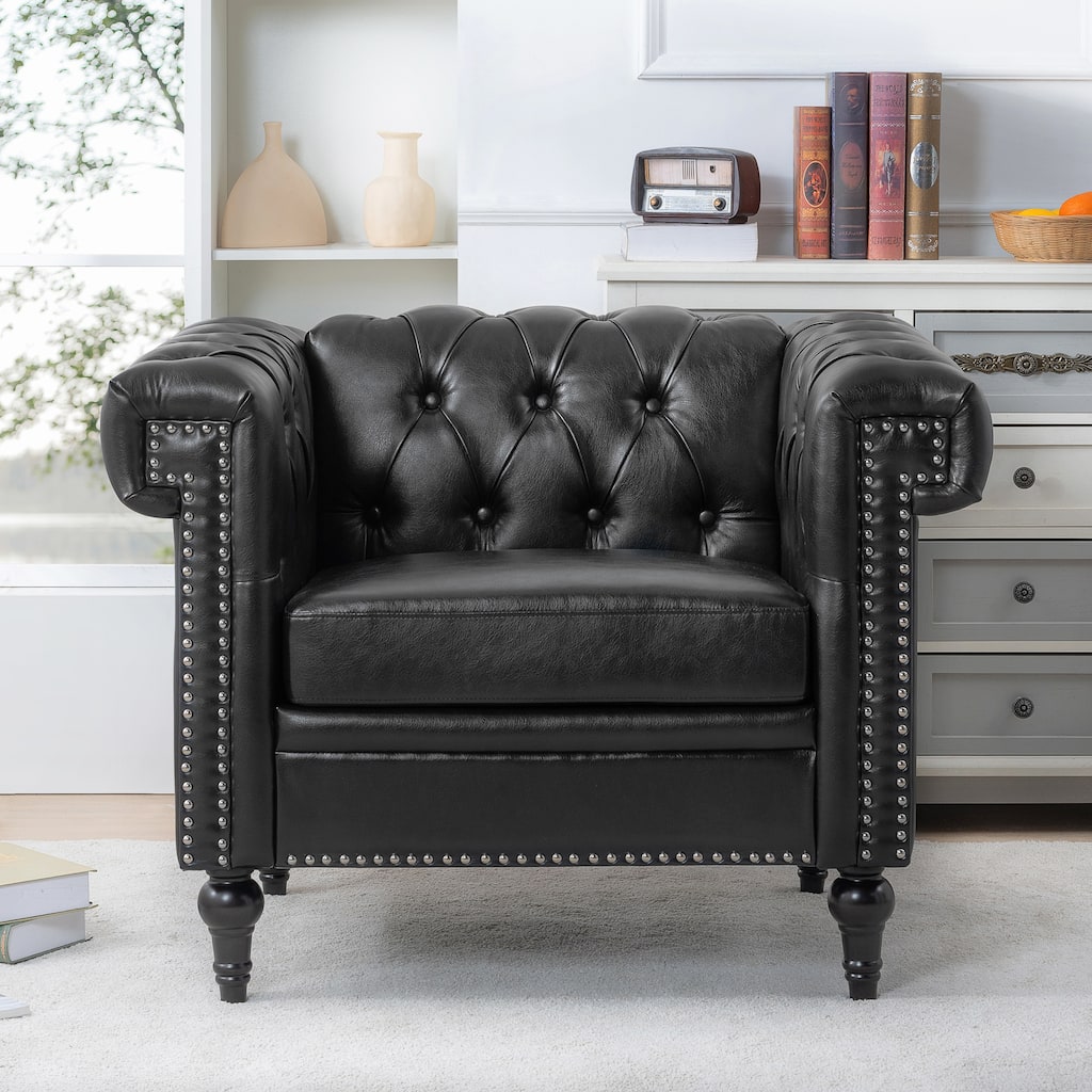Black 38.98" Buttons Tufted Accent Chair with Birch Legs