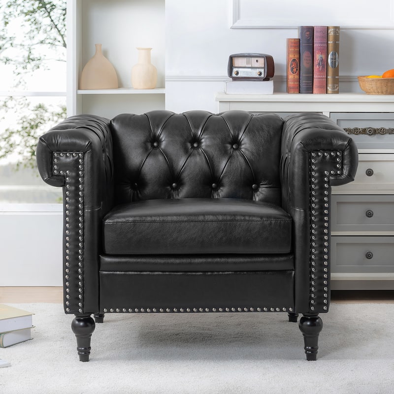 PU Leather Rolled Arms Accent Chairs Comfortable Living Room Arm Chairs with Nailhead Trim Design - Black PU