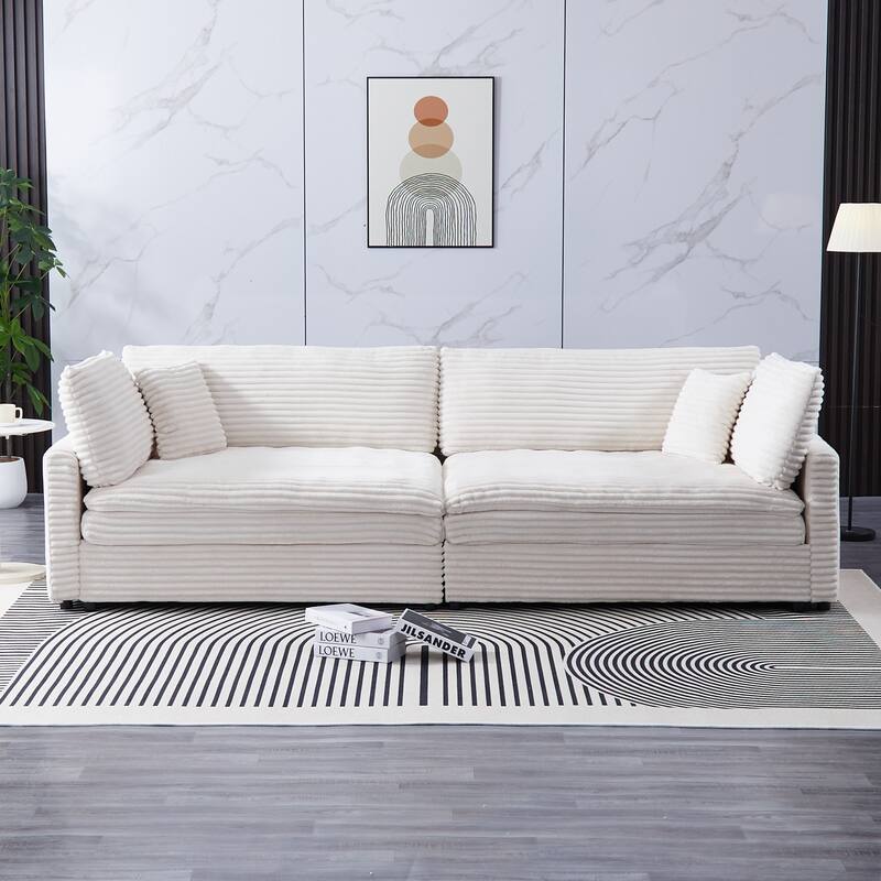 112-inch Beige Corduroy Sofa with Four Seats and Double-layer Cushions - Multi-Color