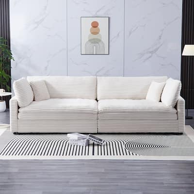 112-inch Beige Corduroy Sofa with Four Seats and Double-layer Cushions