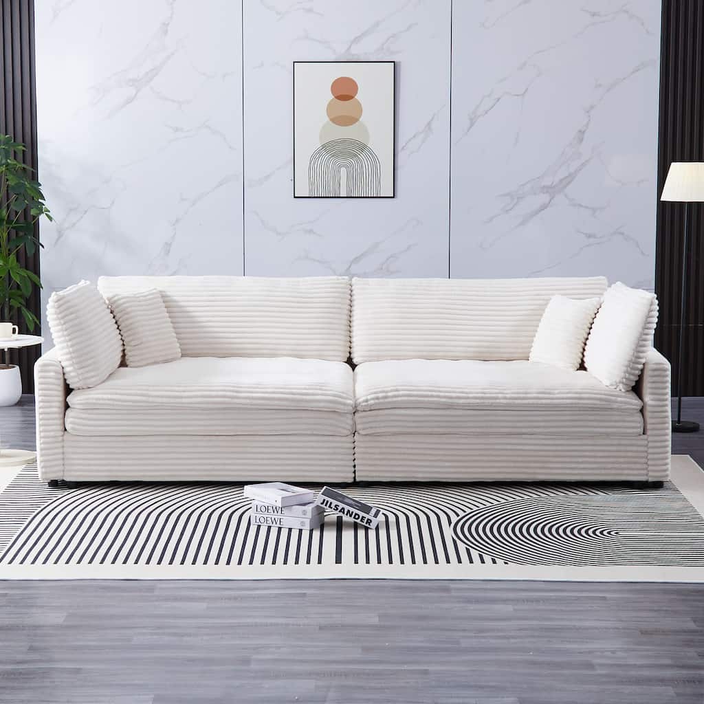 112-inch Beige Corduroy Sofa with Four Seats and Double-layer Cushions
