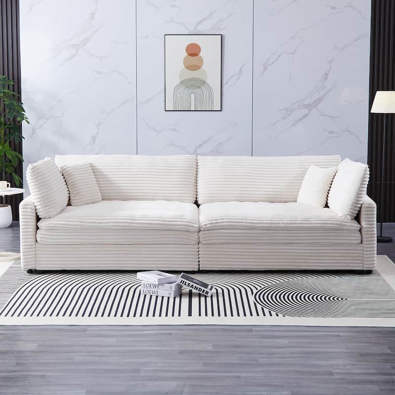The 112-Inch Corduroy Sofa,With Two Throw Pillows And Four Backrests - Beige