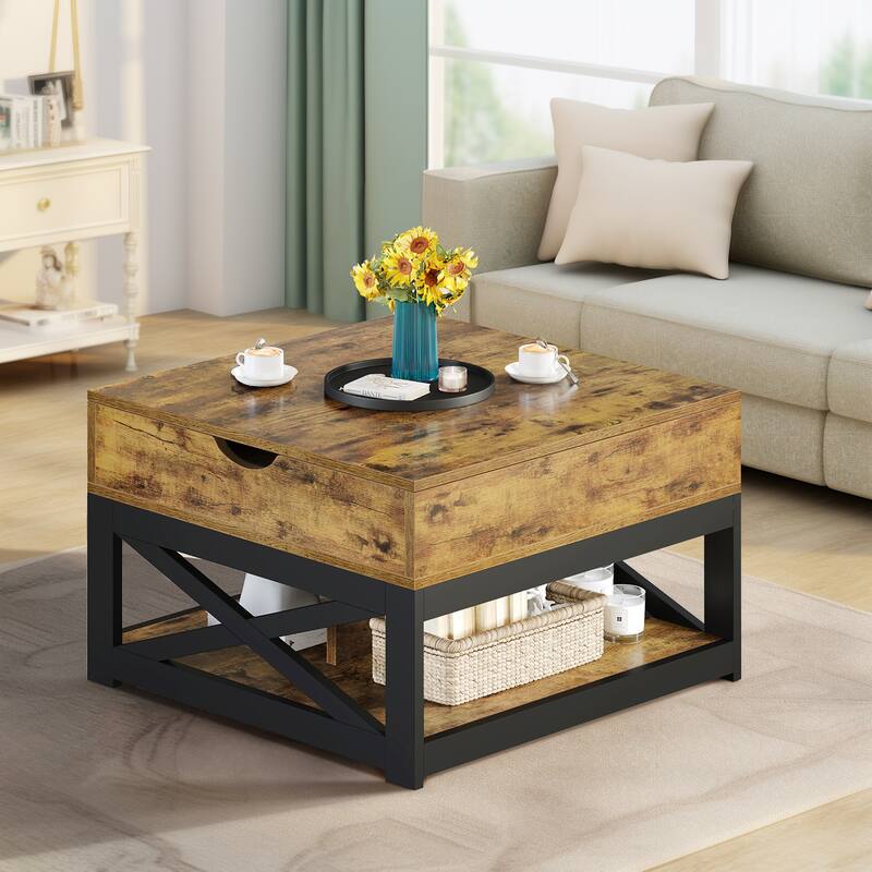 Moasis Farmhouse Square Lift Top Coffee Table with Storage Shelf for Living Room