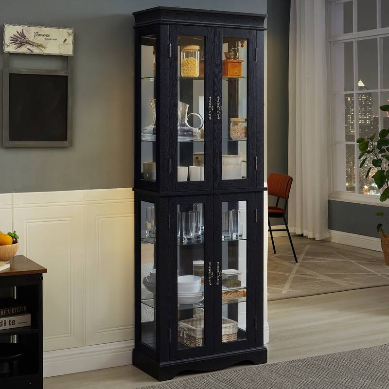 GDF Studio - Tall Lighted Curio Cabinet with Six-Tier Display and Wood Frame.