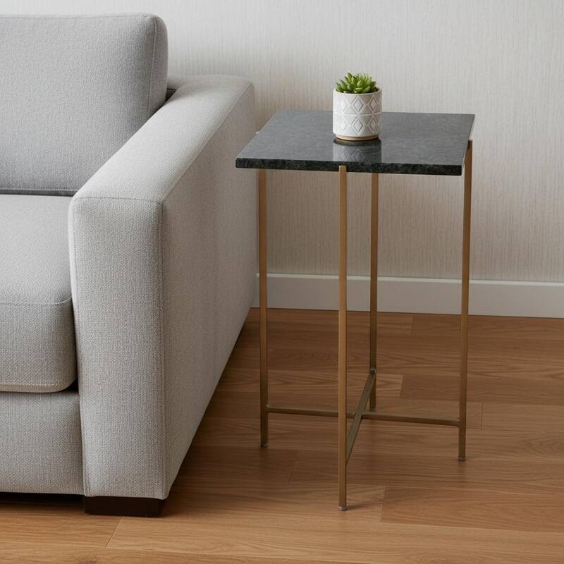 HomeRoots 21" Green and Gold Marble and Iron Drink Size Square End Table - 11.50 in. x 21.00 in. x 11.50 in. - Green - Marble