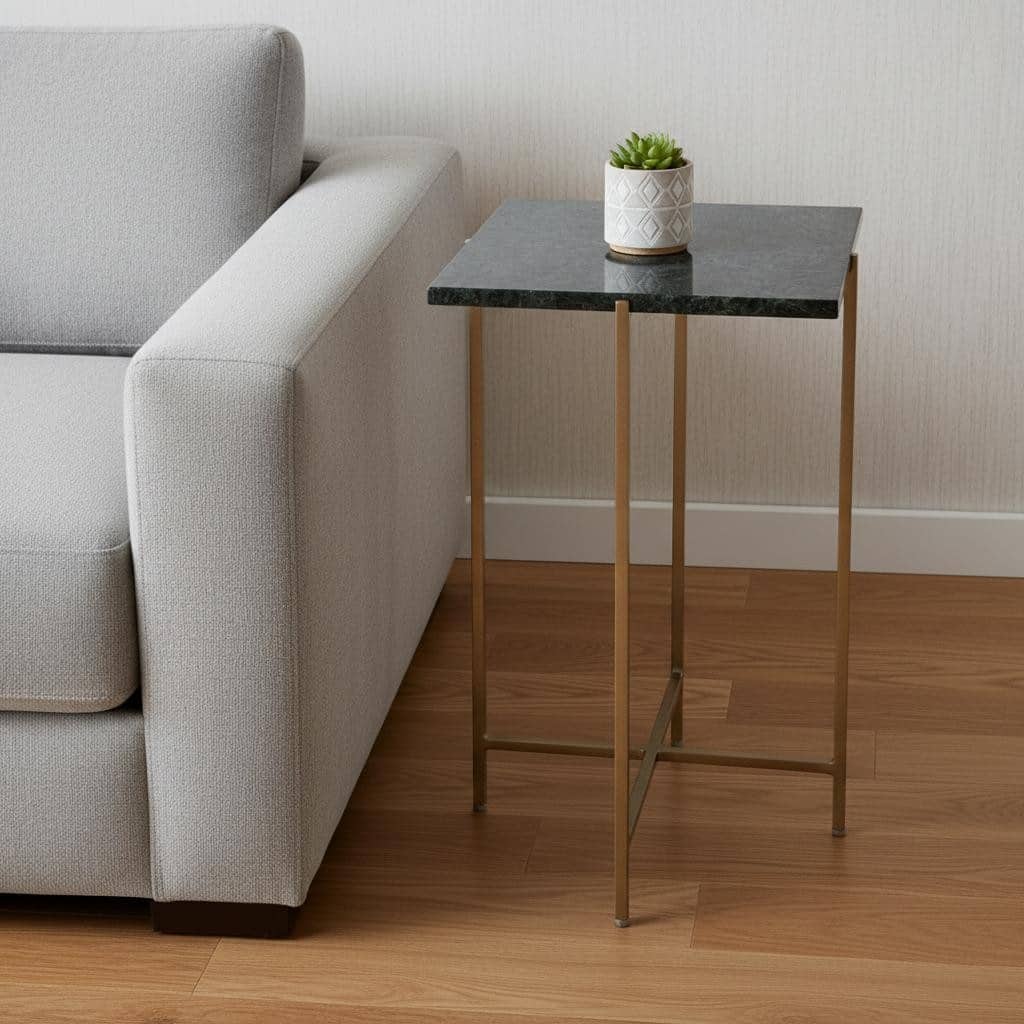 HomeRoots 21" Green and Gold Marble and Iron Drink Size Square End Table - 11.50 in. x 21.00 in. x 11.50 in.