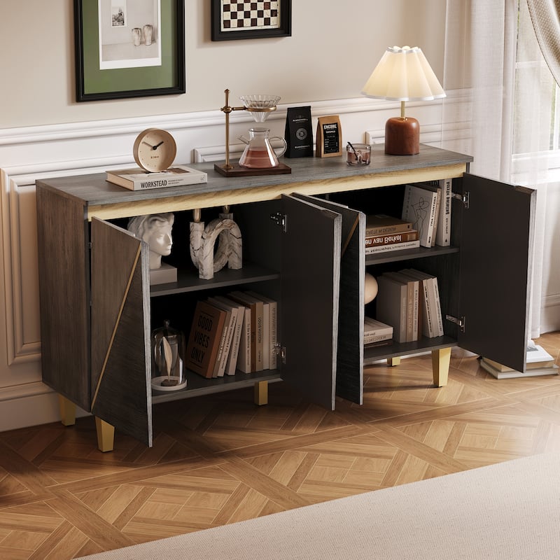 Roomfitters Retro 4-Door Buffet Cabinet with Dimensional Effect Doors, Adjustable Shelves for Dining Kitchen or Living Room