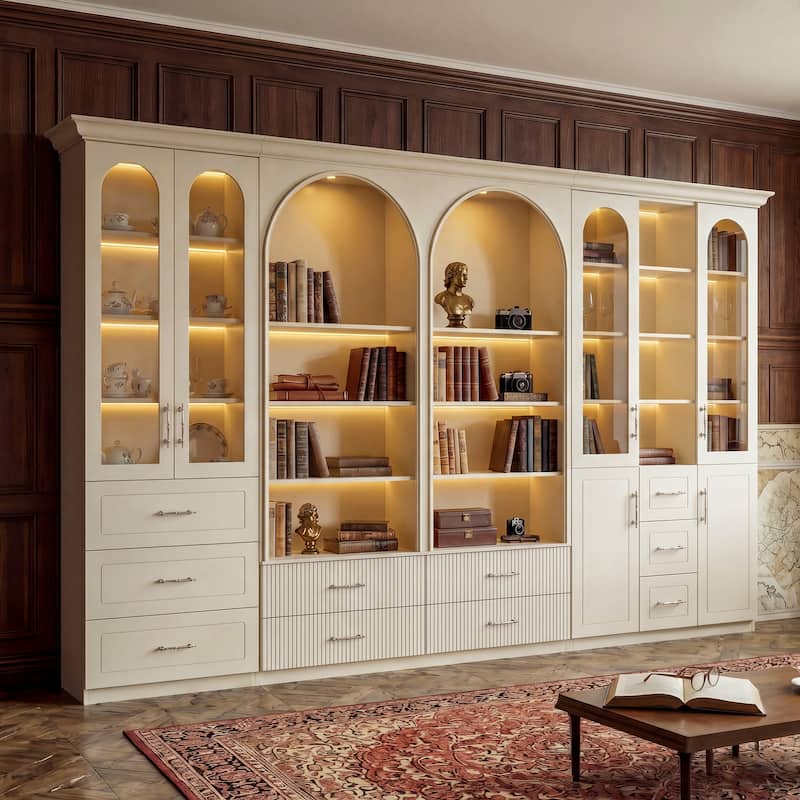 Modular Bookcase with LED Lights, Glass Door Storage Cabinet with Drawers, Large Display Shelving Unit Sideboard