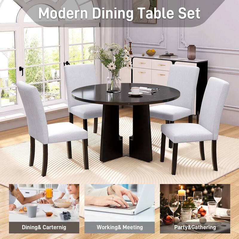 5-Piece Round Dining Table Set, 43-Inch MDF Table with 4 Upholstered Chairs for Kitchen, Dining Room, Living Room
