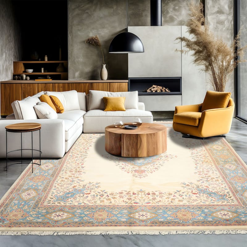 9'2''x11'10'' Hand Knotted Wool Ivory Kerman Medallion Plush Pile Area Rug - 9' 2'' x 11' 10'' - 9' 2'' x 11' 10''