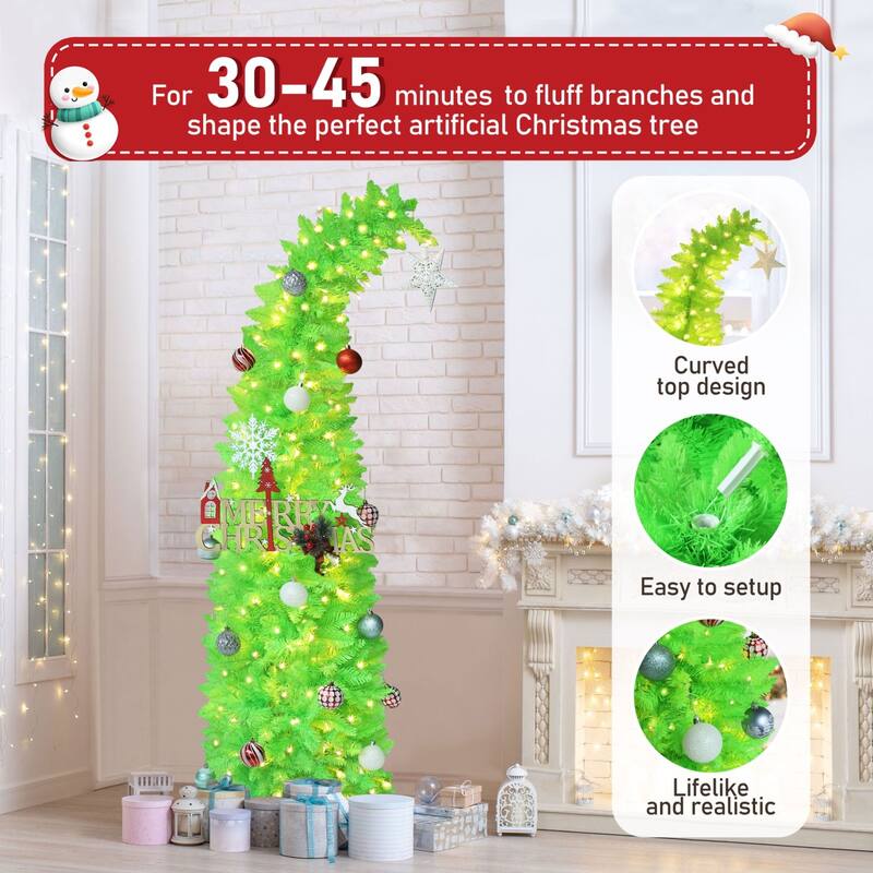 VEIKOUS 6ft Pre-Lit Artificial Christmas Tree with Adjustable Curved or Straight Top - N/A