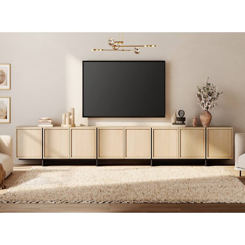 WAMPAT TV Stand with T-Shaped Legs, Modern Entertainment Center with 4 Storage Cabinets, Media Console TV Table for Living Room
