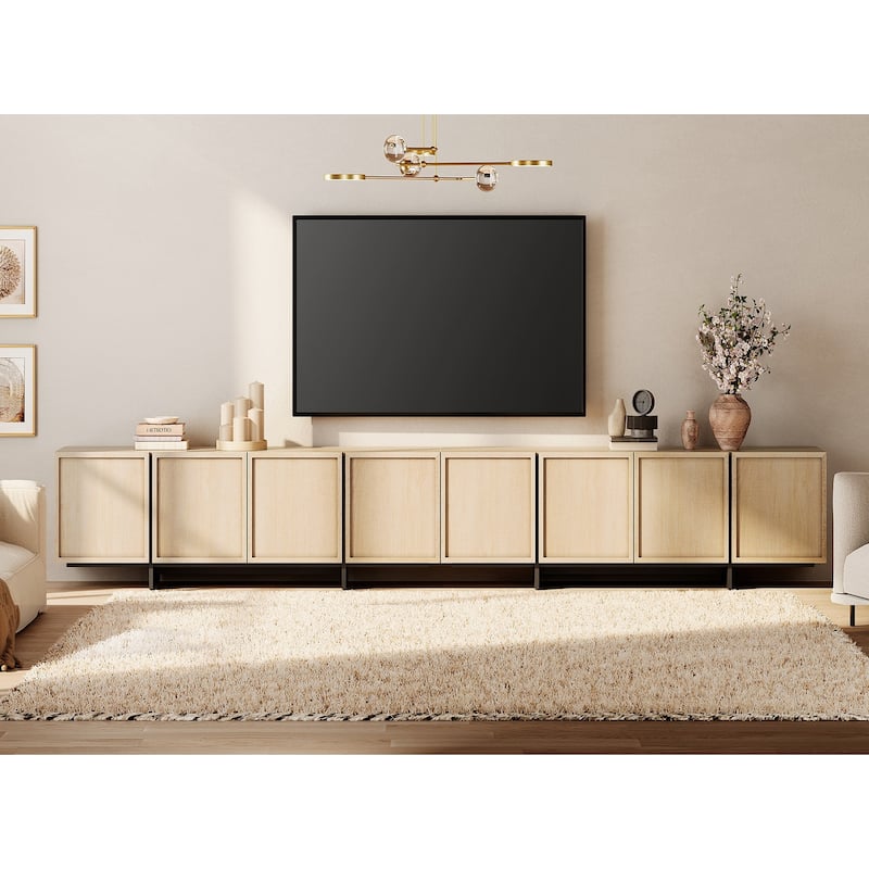 WMAPAT Modern Entertainment Center With T-Shaped Wooden Legs, 4-Door Storage TV Stand, Media Cabinet For Living Room - 141 inches - Light Oak