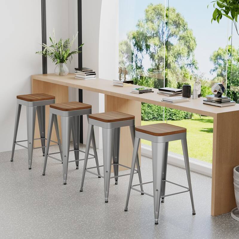 Counter & Bar Stools with Metal Frame Kitchen Stools Backless Kitchen Bar Furniture Stools with Square Wooden Seat