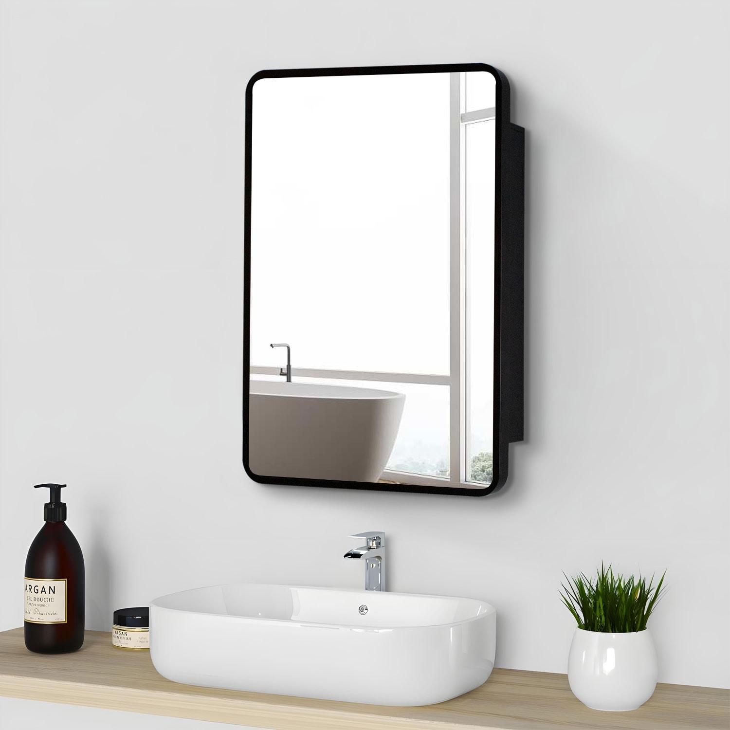 Black rimmed store medicine cabinet