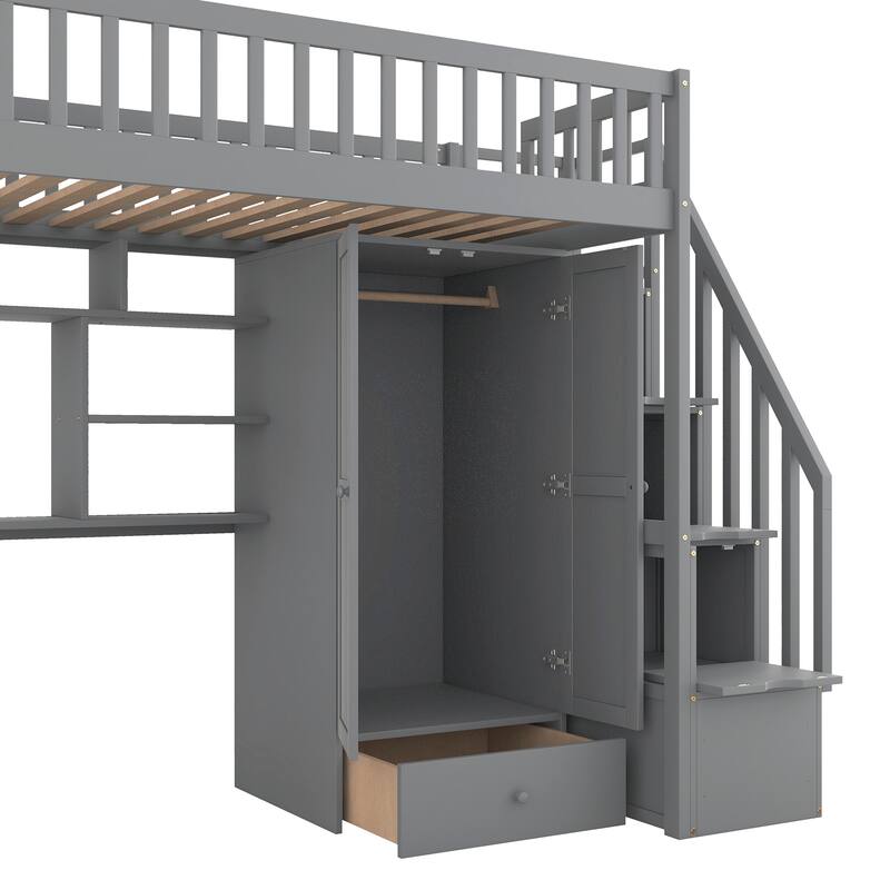 Loft Bed with Bookshelf,Drawers,Desk,and Wardrobe