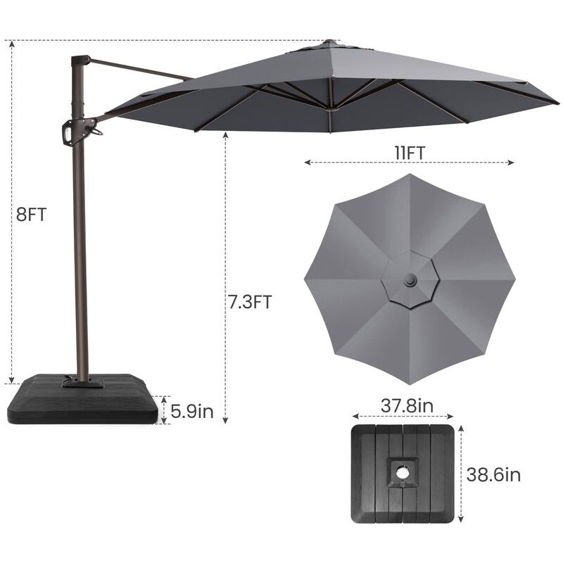 11 Ft Outdoor Patio Cantilever 360 Degree Rotation Offset Umbrella with 4-Piece Fillable Weighted Base
