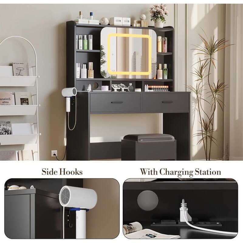2 Drawer Vanity Desk Makeup Table with Charging Station, Storage Shelves