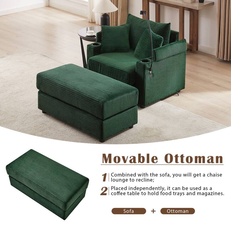 Modern Single Sofa with Movable Ottoman, Hidden Storage, USB Ports, Cup Holders and Phone Holder for Living Room