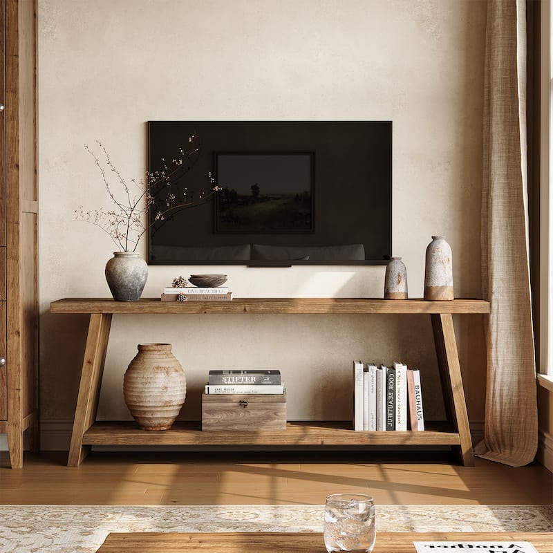 2-Tier Solid Wood TV Stand - Brown