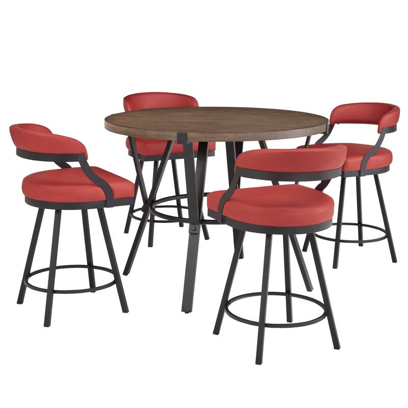 Bacalar Black Finish Metal Round Counter Height Table with Vegan Leather Swivel Chair Set by iNSPIRE Q Modern - Red
