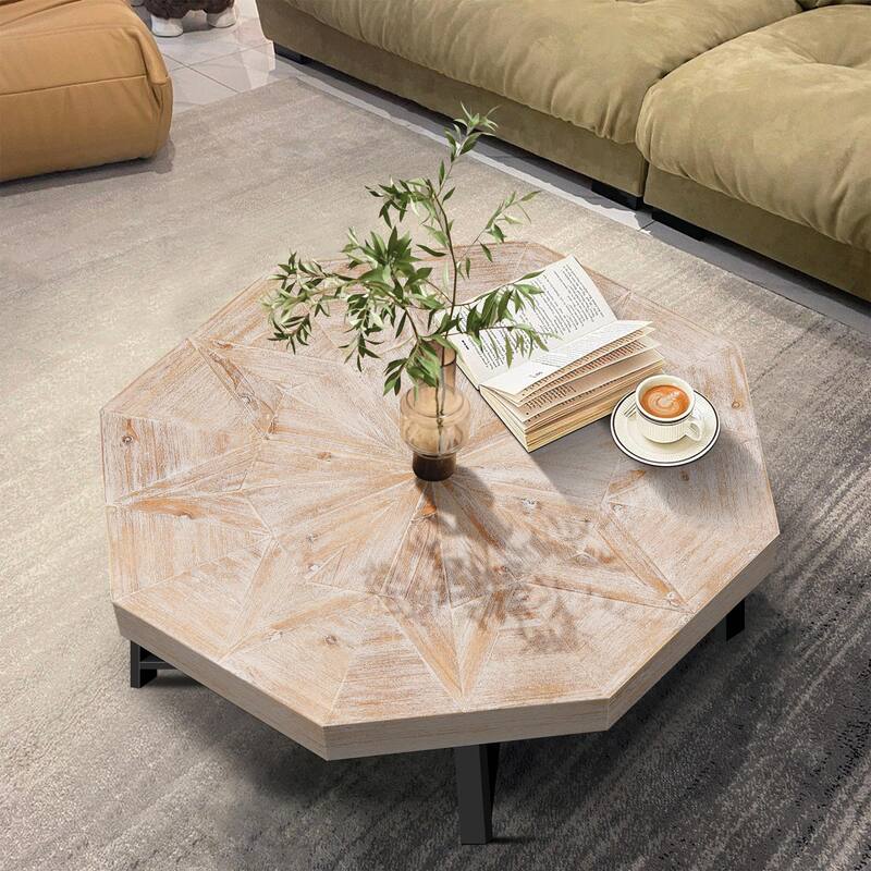 30-Inch Wood Octagonal Vintage Patchwork Coffee Table - Oak Natural Wood + Antique White