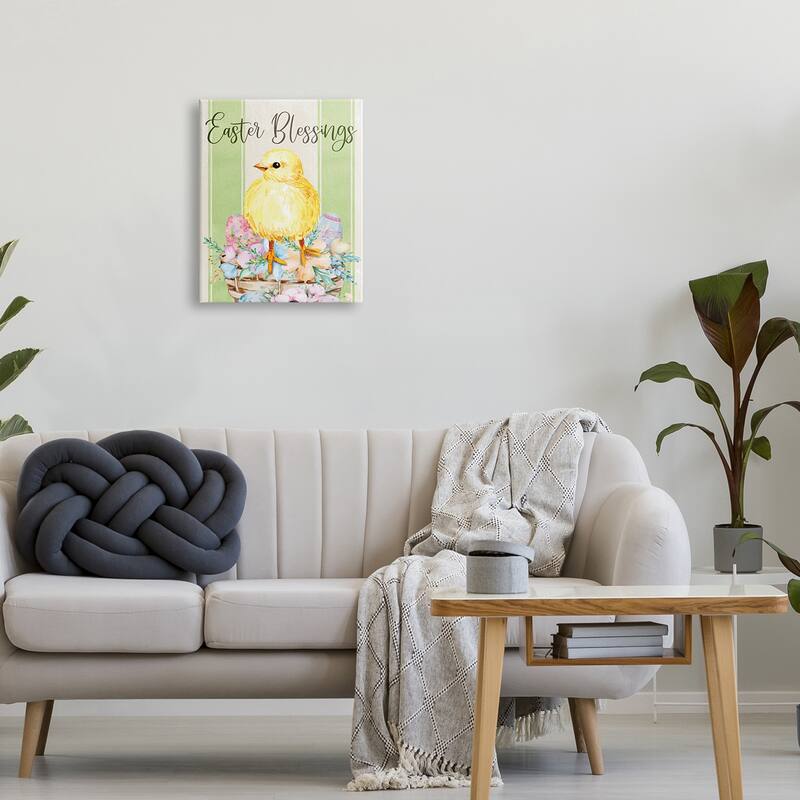 Stupell Easter Blessings Text Striped Yellow Chick Egg Basket Canvas Wall Art