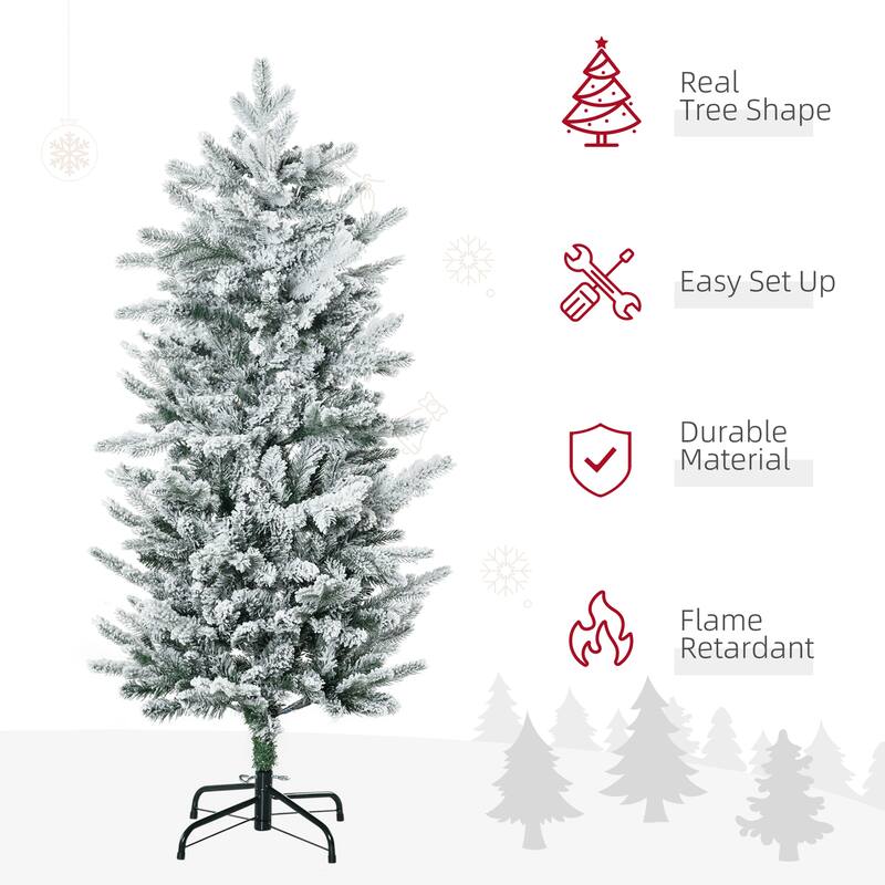 4.5 ft Green Snow Flocked Pencil Artificial Christmas Tree Indoor Slim Space Saving Design with 267 Tips and Sturdy Base