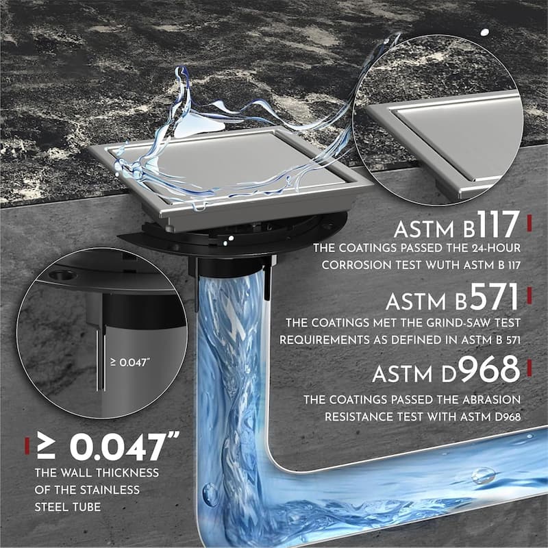 4/6-Inch Square Shower Drain, Reversible Tile Insert