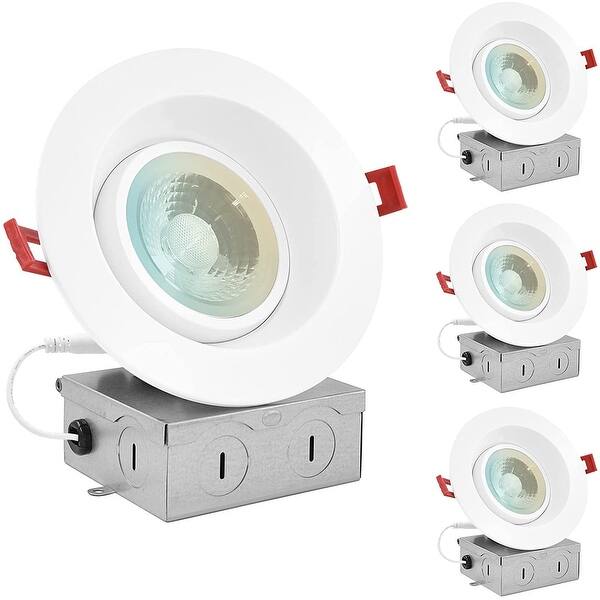 slide 1 of 7, Luxrite 4" Gimbal LED Recessed Light with J-Box, 12W, 5 Color Selectable, 1000 Lumens, Dimmable, Damp Rated 4 Pack