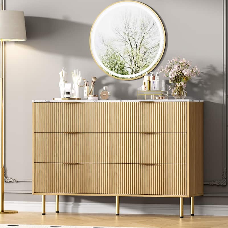 6 Drawers Dresser for Bedroom, Fluted Dresser Chest of Drawers with Handle, Wood Modern Dressers for Closet - Yellow