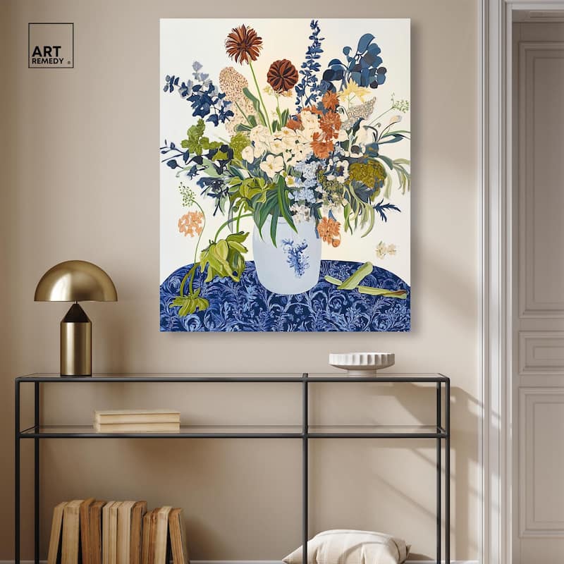 Dahlia Dream in Delft Blue Canvas by Art Remedy, Gallery Wrapped