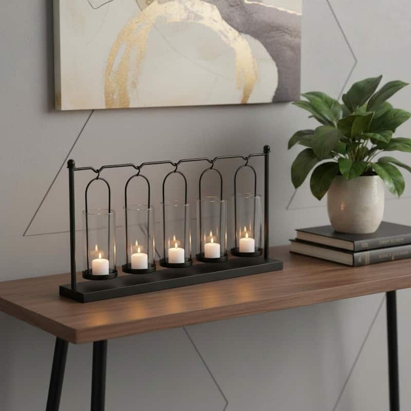 13" Black Geometric Metal And Glass Tabletop Votive Candle Holder - Black