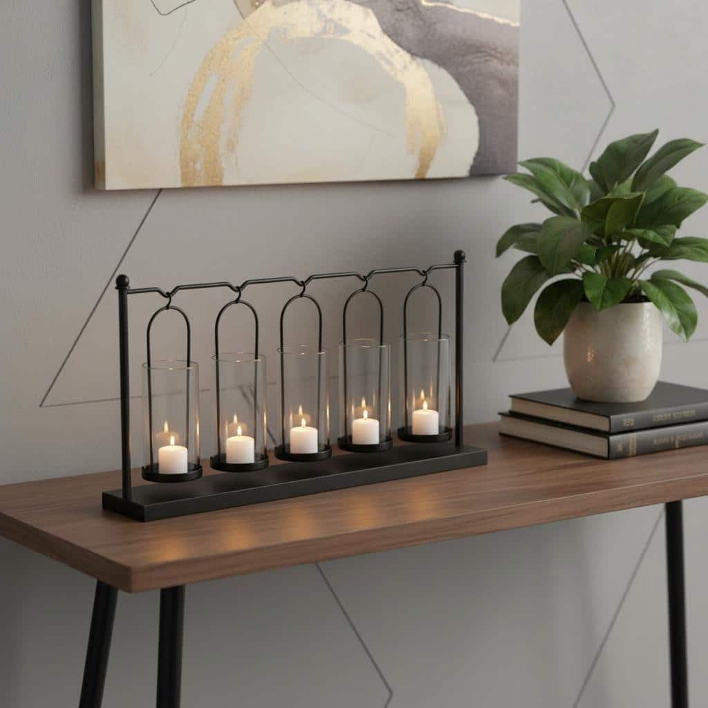 13" Black Geometric Metal And Glass Tabletop Votive Candle Holder