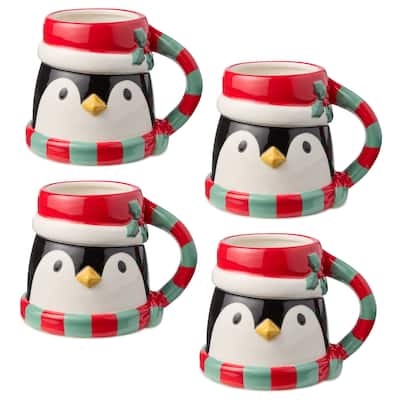 Certified International Christmas Whimsy Penguin Set of 4 3-D Mugs 18 oz.