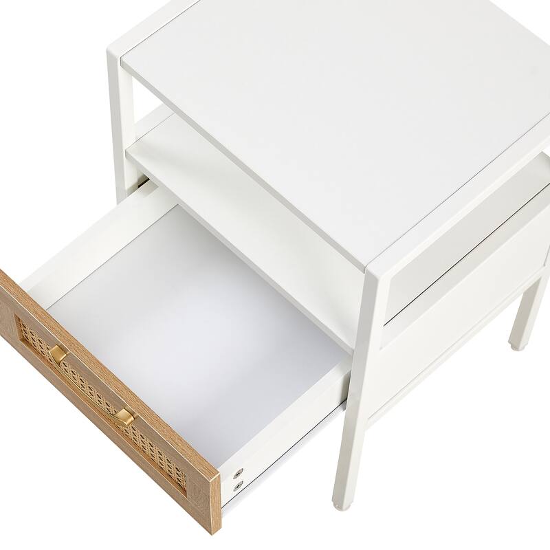 Set of 2 Rattan End Tables with Drawer, 15.75" Nightstands with Metal Legs for Living Room & Bedroom, Natural & White Finish